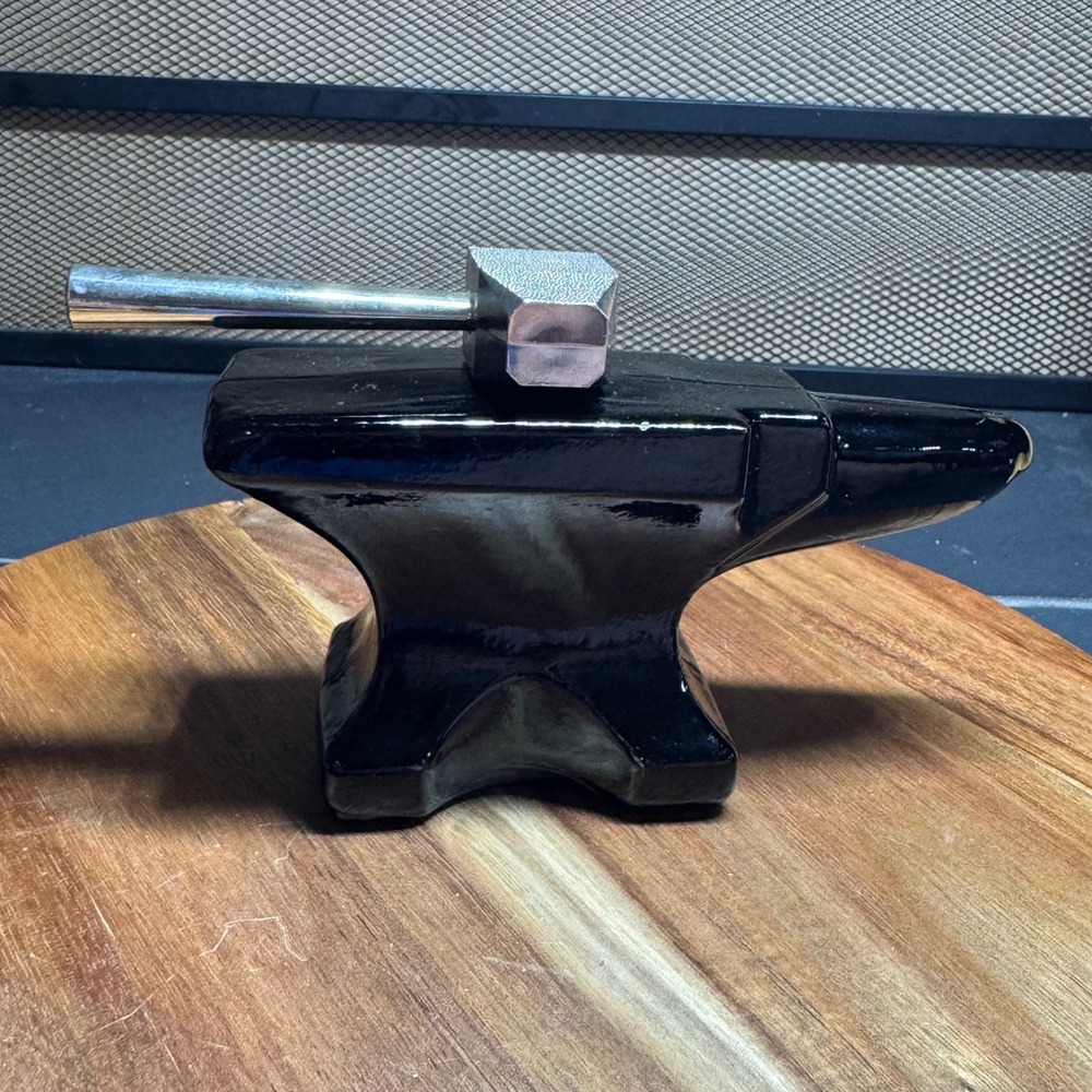 Vintage Avon Black Anvil Decanter Leather After Shave Bottle with Hammer Cap